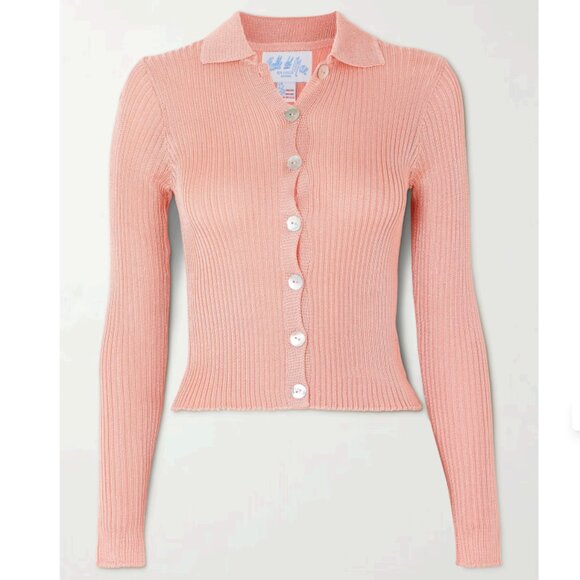 CALLE DEL MAR by Aza Ziegler Made in USA Ribbed-knit cardigan Pink Sz Large - Picture 2 of 8